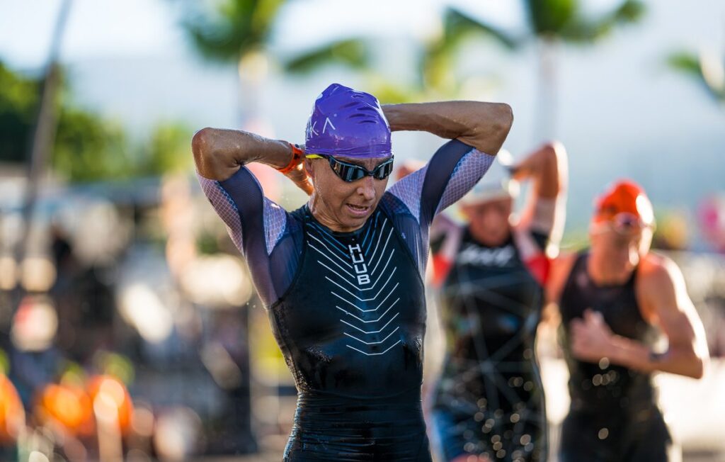 Anne Haug had a good swim and was part of the big chase group that contained many of the top contenders ... but was still 4:33 behind Barclay at the end of the swim.
